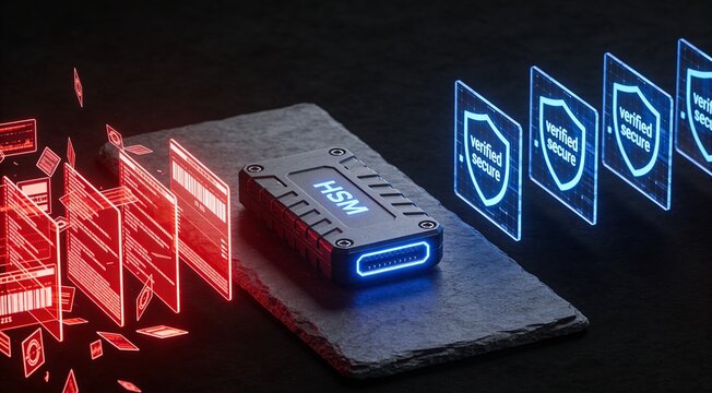 Enterprise cybersecurity background showing chaotic threat data transformed by a rugged HSM into verified secure output, dramatic red and blue security workflow for technology marketing