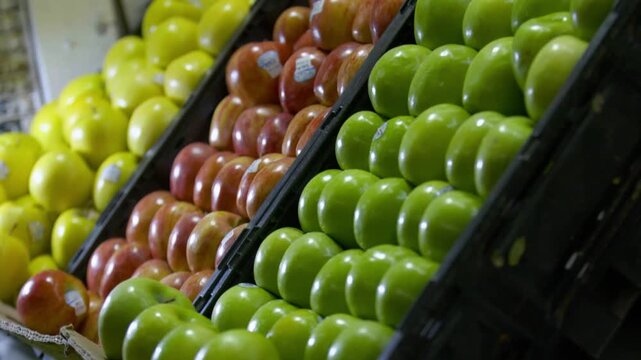 Variedad de manzanas rojas, verdes y amarillas en estante de mercado local - 4K