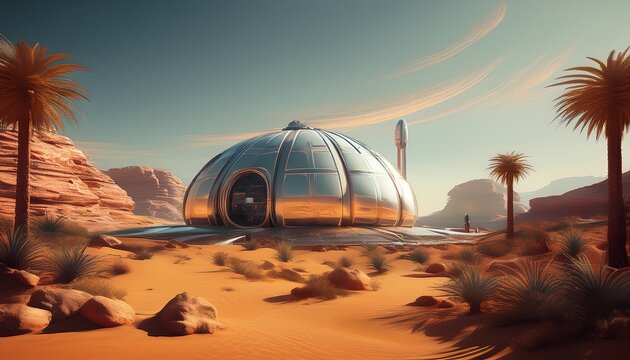 futuristic space colony habitat with dome and tower in arid desert landscape with rocky cliffs and palm trees