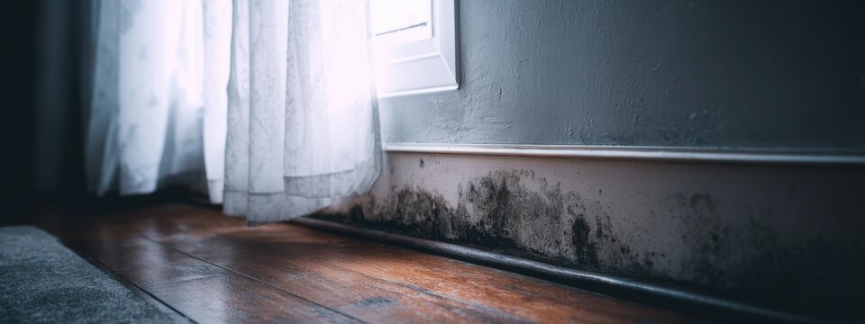Mold growing along the baseboard near a window with white curtains in a room with wooden flooring