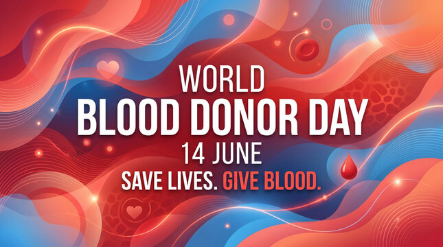 World blood donor day poster with red and blue abstract background and text