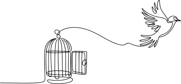bird released from birdcage continuous one line drawing, Bird released from birdcage in continuous line art drawing style. Bird flying away from open cage.one line Art icon drawing vector