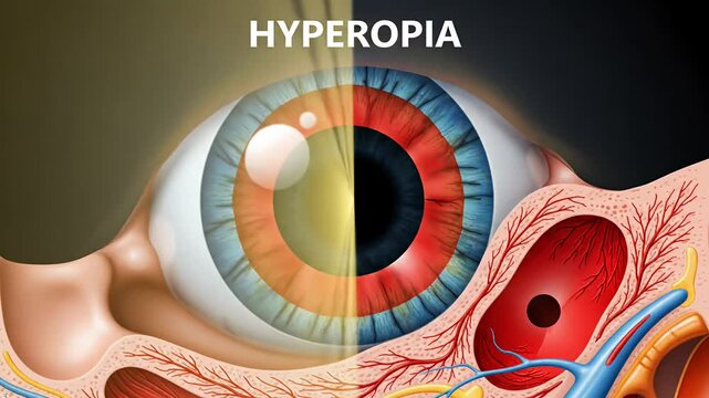 Human eye anatomy illustration with hyperopia vision condition
