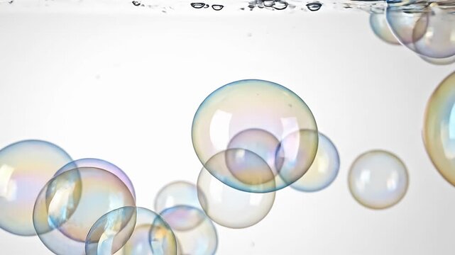 Iridescent soap bubbles rising from water surface on white