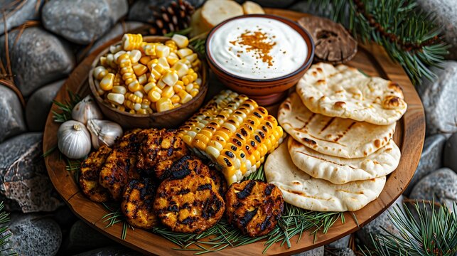 Traditional South Asian Meal with Corn, Flatbread and Yogurt on Wooden Plate