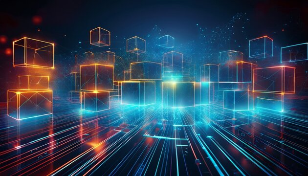 abstract modular system background floating geometric blocks connected by glowing lines