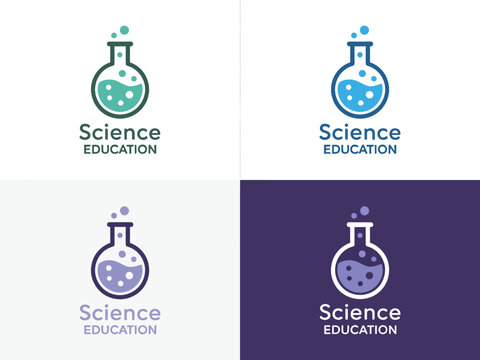 Science education logos with beakers and text on various backgrounds