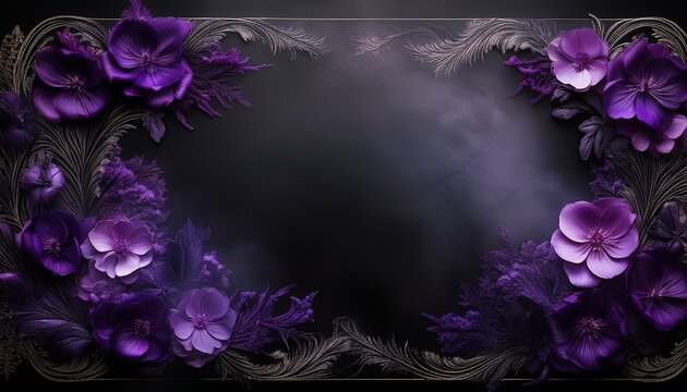 dark floral frame with moody purple and black blossoms surrounded by soft mist on a textured black background ideal for gothic wedding invitations luxury branding or elegant event backdrops