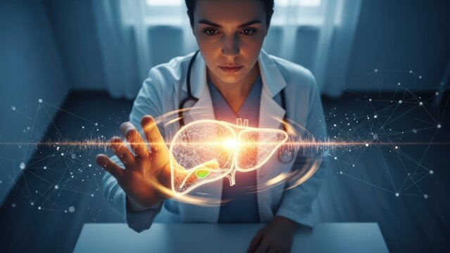 Medical professional examining a glowing digital representation of a human liver healthcare concept.