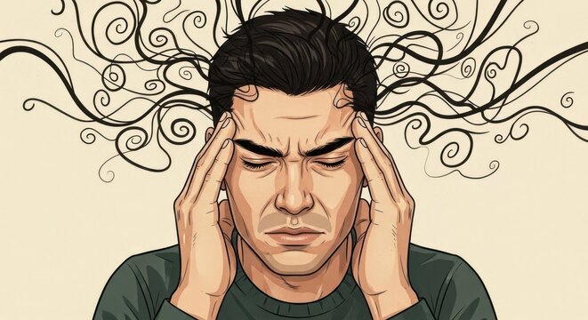 Man Experiencing Stress and Anxiety with Swirling Lines Illustrating Thoughts.