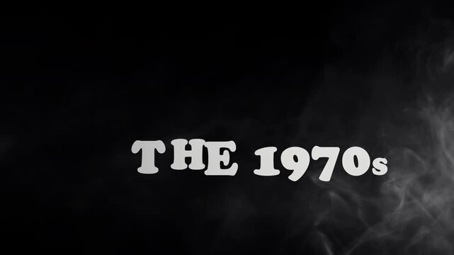 Cinematic history intro or opener for the 1970s decade with animated text titles, smooth transitions, and atmospheric smoke effects. Transparent BG with alpha channel, ideal for historical projects