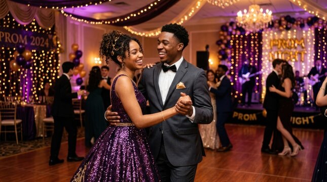Young couple joyfully dancing at a formal prom night celebration in 2024