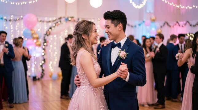 Young couple dancing romantically at a school prom with festive decorations
