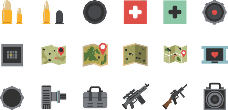 Military Equipment and Navigation Icon Set Featuring Ammunition, Tactical Maps, Weapons, Medical Symbols, Gear and Army Tools in Flat Vector Illustration Style