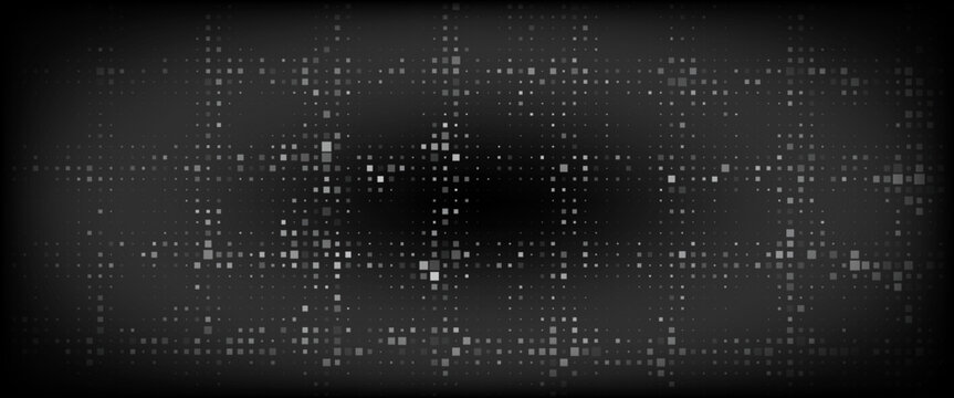 Modern dark aesthetic background featuring minimalist pixelated squares and gradient.