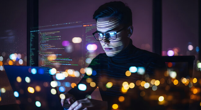Programmer coding late at night with code reflections on face