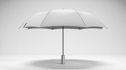 Obraz premium A closed white umbrella with a metallic silver handle stands upright in a studio setting on white background