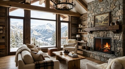 Obraz premium Cozy mountain lodge living room with fireplace and stunning snowy landscape views