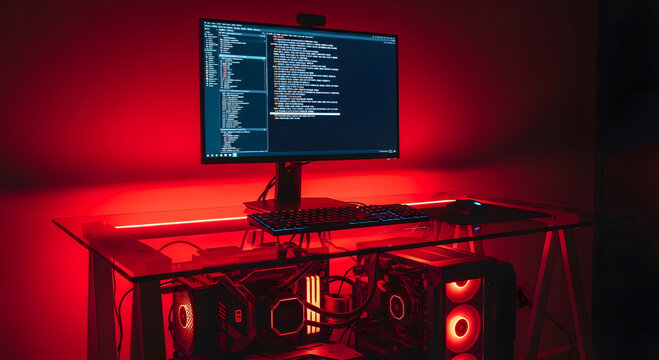 Programmer's Gaming Setup with Red LED Lighting and Code on Screen