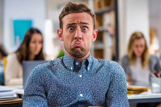 Surprised Office Worker Reacting to Unexpected Situation at Work
