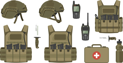 Military Tactical Gear and Equipment Vector Set Featuring Helmet, Bulletproof Vest, Radio, Knife, Medical Kit and Army Accessories in Flat Illustration Style © Sirajul