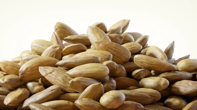 Densely stacked almonds rotate slowly under soft light on pale background highlighting natural curvature and compact texture within healthy snack context