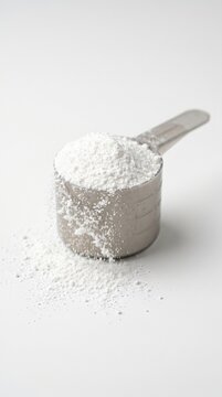 Scoop filled with creatine powder on white background  
