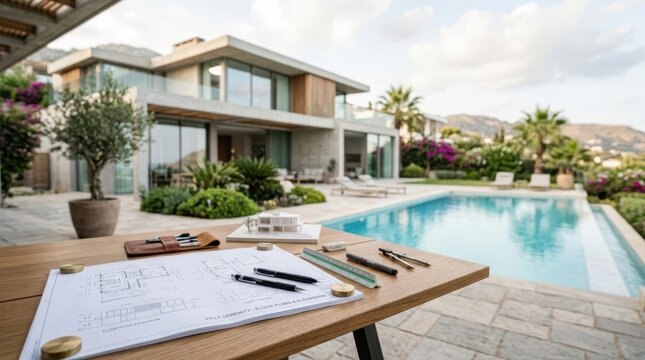 Architectural design process with blueprints and model overlooking a modern villa and pool