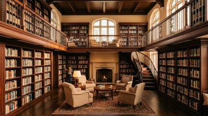 Obraz premium Elegant two-story library with fireplace and comfortable seating areas