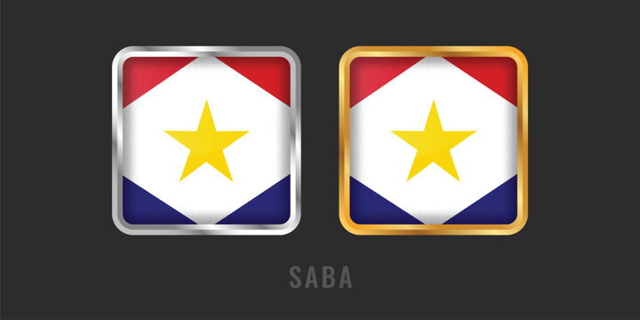 High-quality square gold and silver framed Saba flag labels. Professional Saban regional origin certification emblems for local Caribbean products and exports.