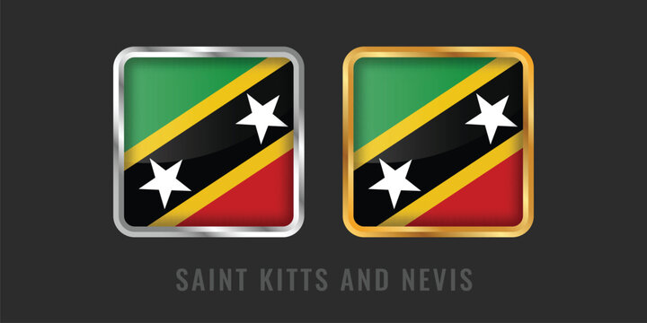 High-quality square gold and silver labels with the flag of Saint Kitts and Nevis. National origin certification emblems for local manufacturing, products, and exports.