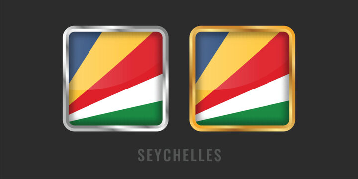 High-quality square gold and silver labels featuring the flag of Seychelles. Premium metallic icons for Seychellois products, exports, and manufacturing origin certification.