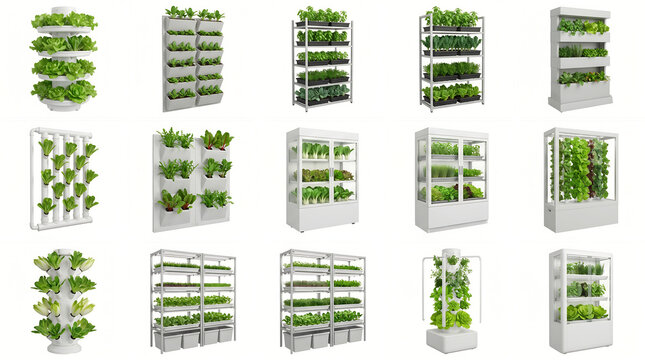 Modern indoor vertical hydroponic farming systems collection featuring leafy greens and herbs in white racks, towers, and wall planters for sustainable urban agriculture marketing.