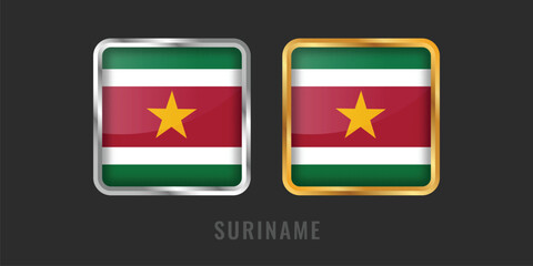 Fototapeta premium High-quality square gold and silver labels with the Suriname flag. Professional emblems for Surinamese products, exports, and manufacturing origin certification. National identity icons.