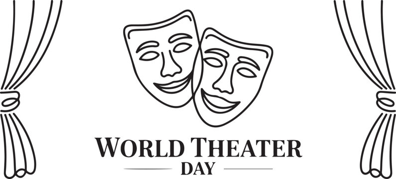 World theater day banner design, with character mask sketch.one line Art icon drawing vector