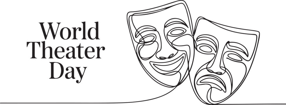 World theater day banner design, with character mask sketch.one line Art icon drawing vector