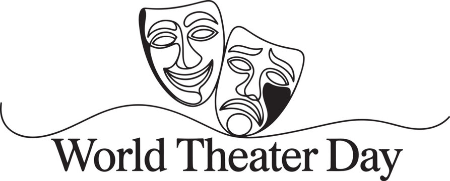 World theater day banner design, with character mask sketch.one line Art icon drawing vector