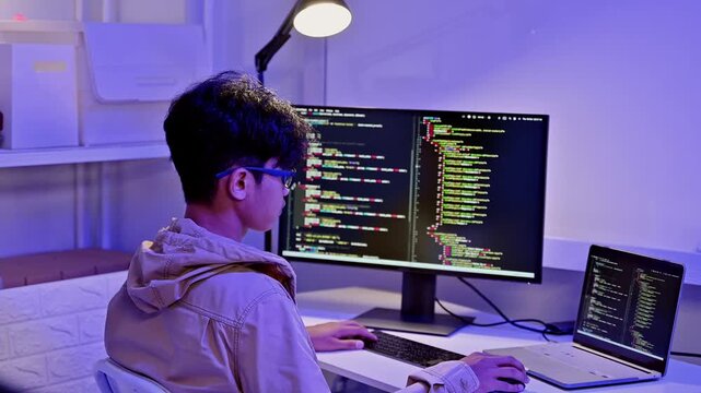 young male programmer wearing glasses writing code on multiple screens in modern neon room