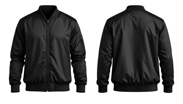 Front and back views of a black bomber jacket with ribbed cuffs and collar