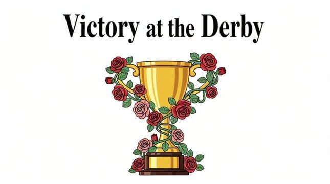 Flat vector trophy with roses, text &ldquo;Victory at the Derby&rdquo;