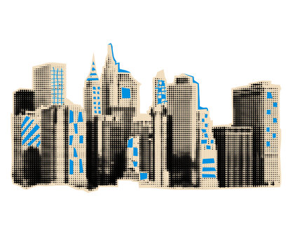 skyscrapers skyline halftone eleement. Urban collage cutout.