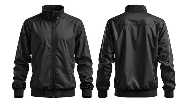 Two views, front and back, of a sleek black jacket with a full zip and ribbed cuffs