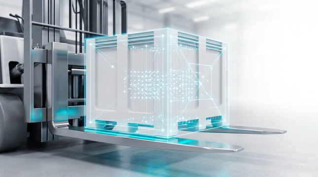 Industrial forklift carrying a shipping crate with a cyan glowing holographic data overlay representing smart logistics and supply chain tracking.