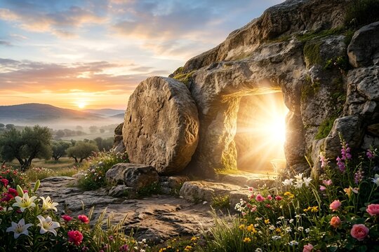 A serene sunrise reveals a radiant light emanating from an ancient stone cave surrounded by vibrant spring flowers and a vast landscape.