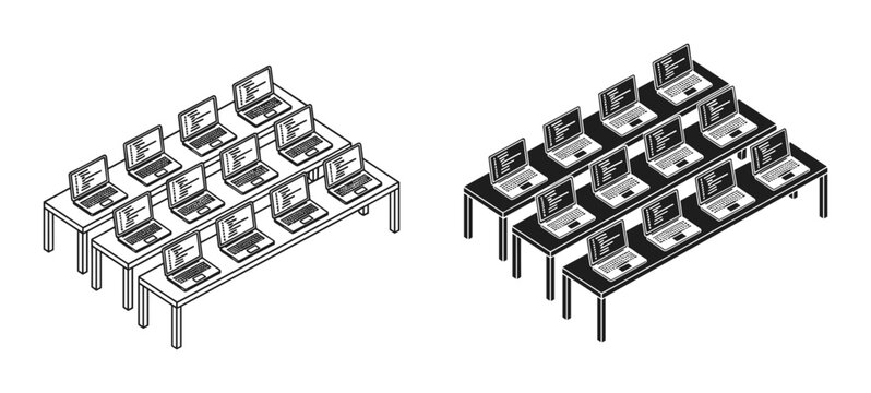 Computer lab icon set with laptop rows on desks, isometric outline and solid style, white background, vector Illustration