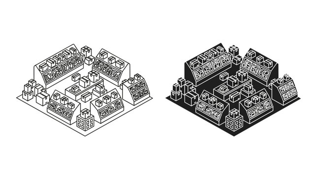 Market stall icon set with isometric outline and solid styles, white background, vector Illustration