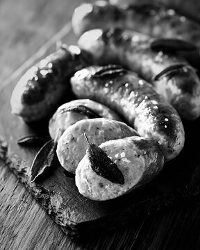 Grilled boudin blanc meat sausages with sage on a slate board