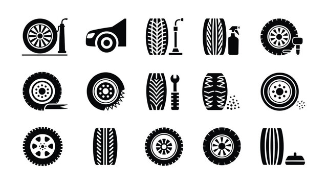 Black tire and wheel icons on white background for car maintenance and repair