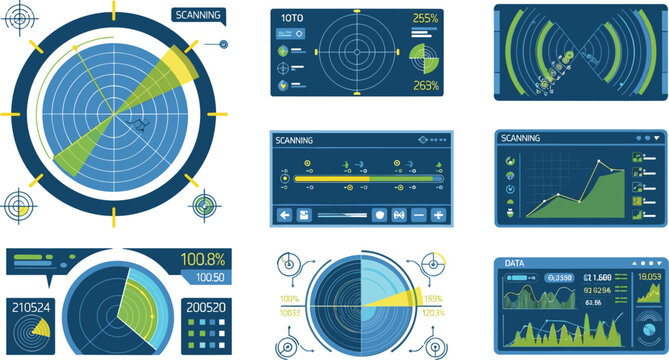 Radar and Analytics Dashboard Vector Set Featuring Circular Charts, Tracking Screens, Data Graphs and Futuristic HUD Interface Elements in Flat Style