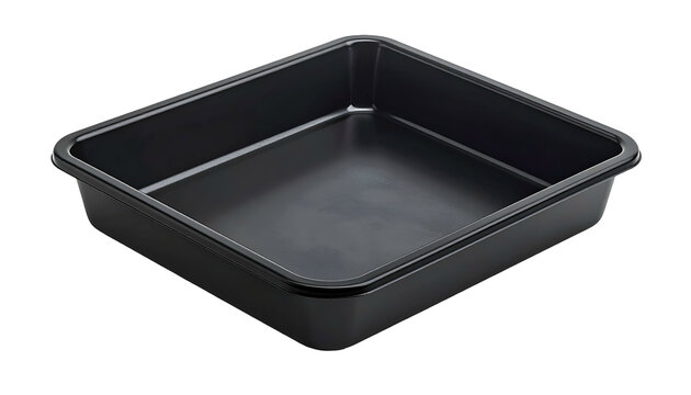 Empty, square, black baking pan isolated against a black background, angled view